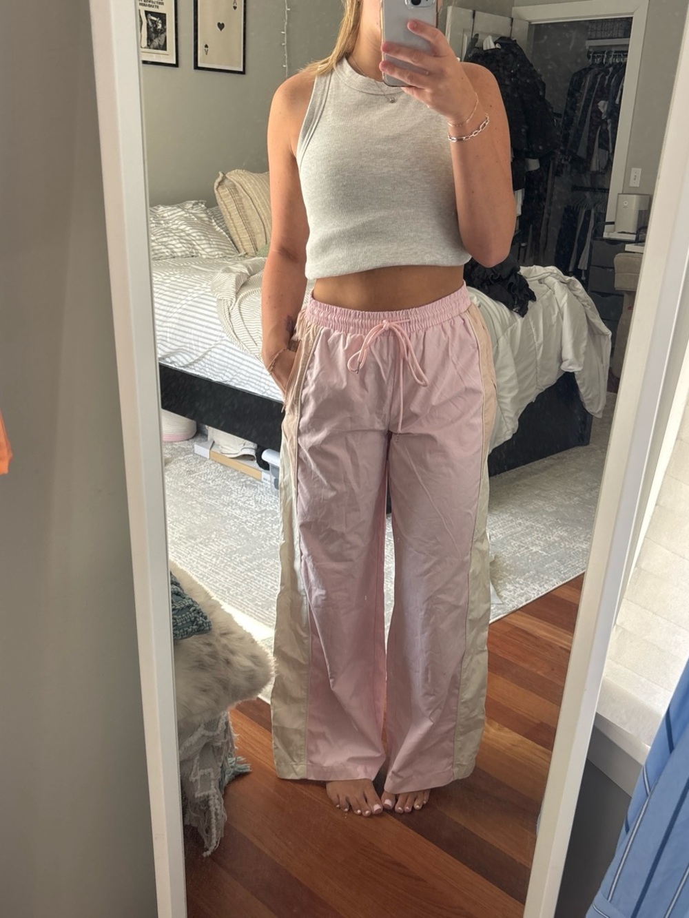 Forever 21 Light Pink Satin Track Pants with Cream Side Panels